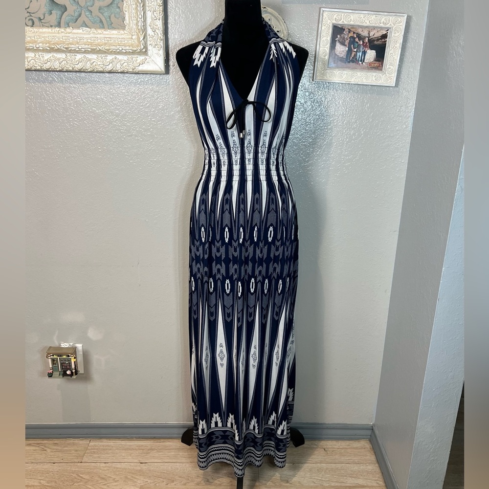 Navy & White FauxHalter Maxi Dress - Sleeveless Striped Print